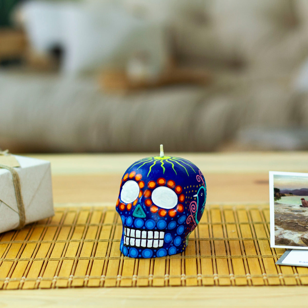 Hand Painted Mexican Day of the Dead Purple Skull Candle - Colorful Purple Skull