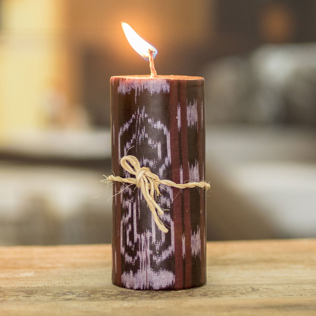 Handmade Brown Pillar Candle with Ikat Motifs from Guatemala - Coban Coffee