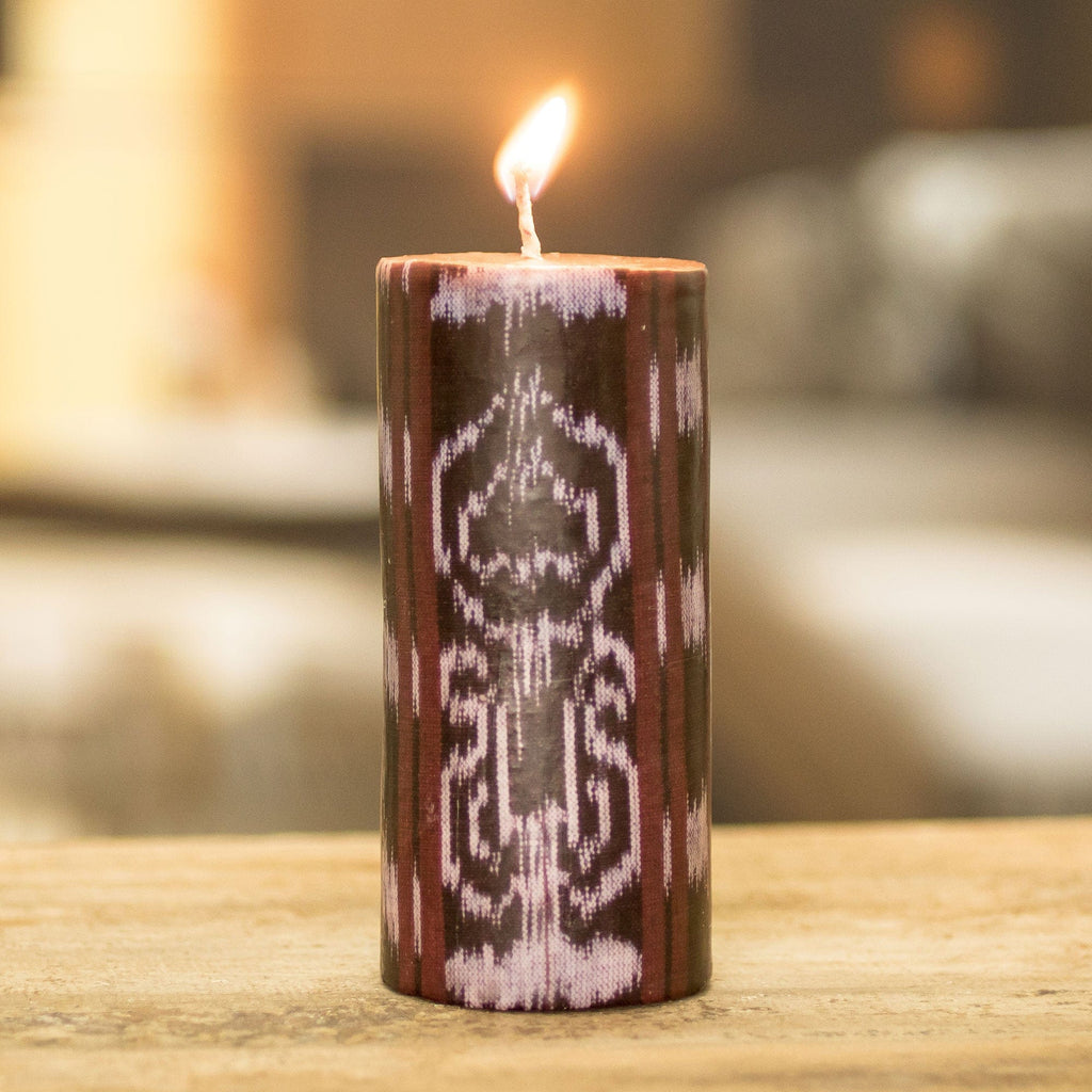 Handmade Brown Pillar Candle with Ikat Motifs from Guatemala - Coban Coffee