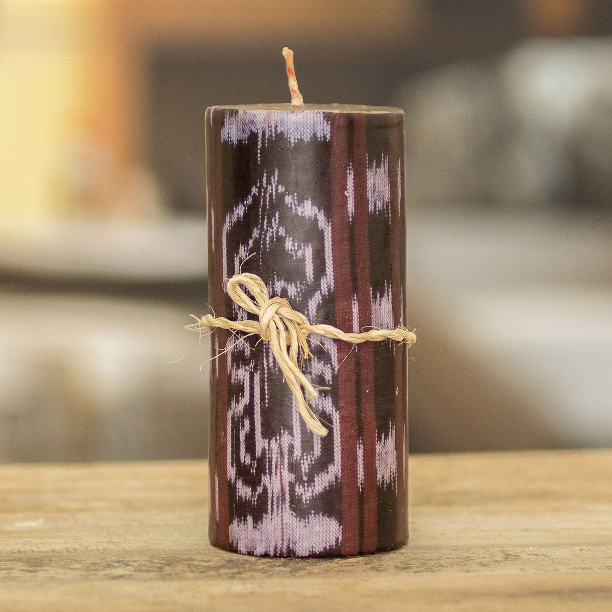 Handmade Brown Pillar Candle with Ikat Motifs from Guatemala - Coban Coffee