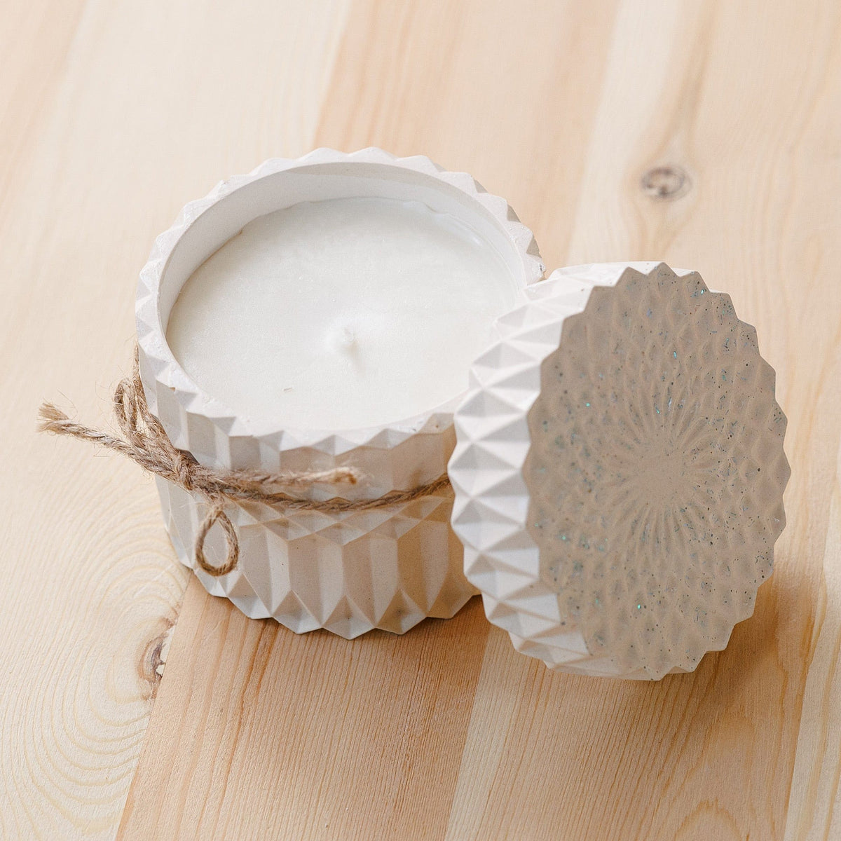 Handmade White Plaster and Soy Wax Candle with Blue Sparkles - Scents of Divinity