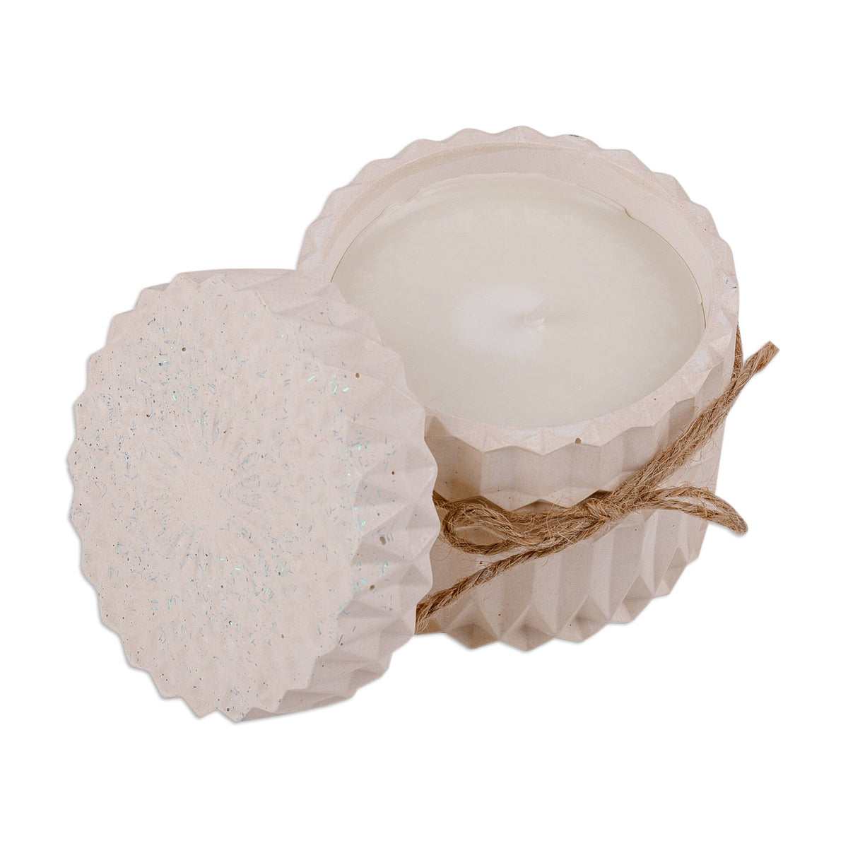 Handmade White Plaster and Soy Wax Candle with Blue Sparkles - Scents of Divinity