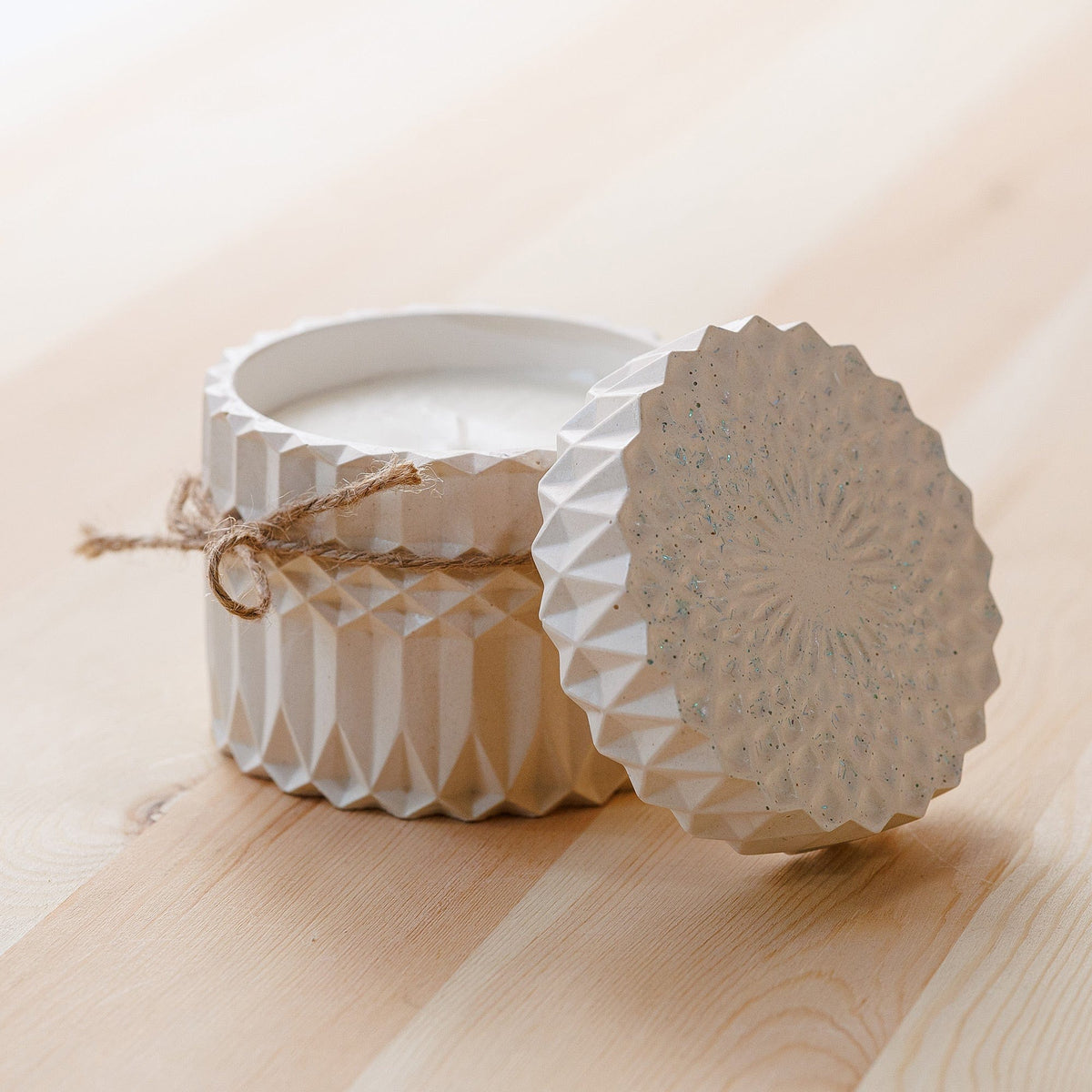 Handmade White Plaster and Soy Wax Candle with Blue Sparkles - Scents of Divinity