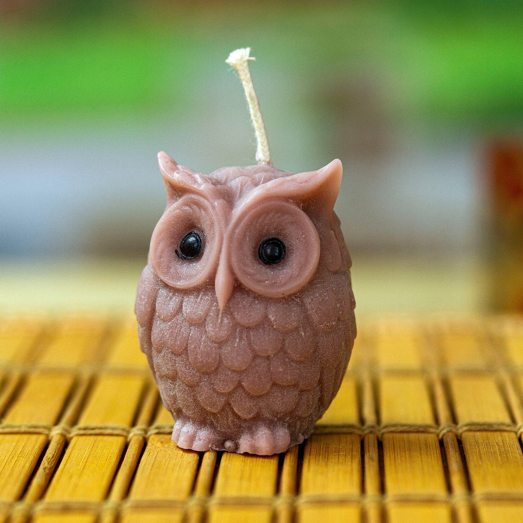 Owl-Shaped Brown Paraffin Wax Candle Handcrafted in Mexico - Sage Owl